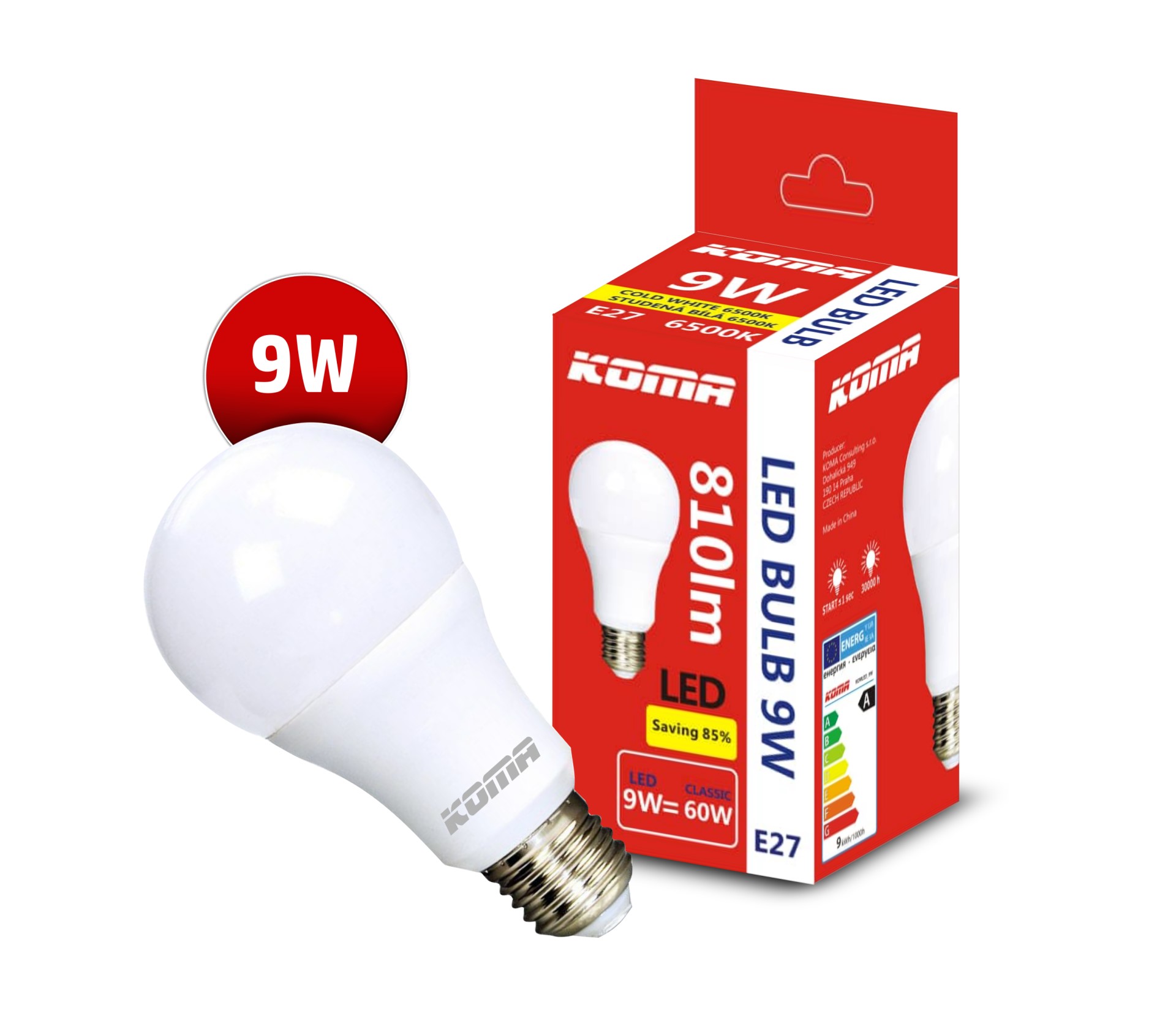 LED izzó KOMA E27 9W, 230V, 810lm, 20000h, 6500K hideg fehér