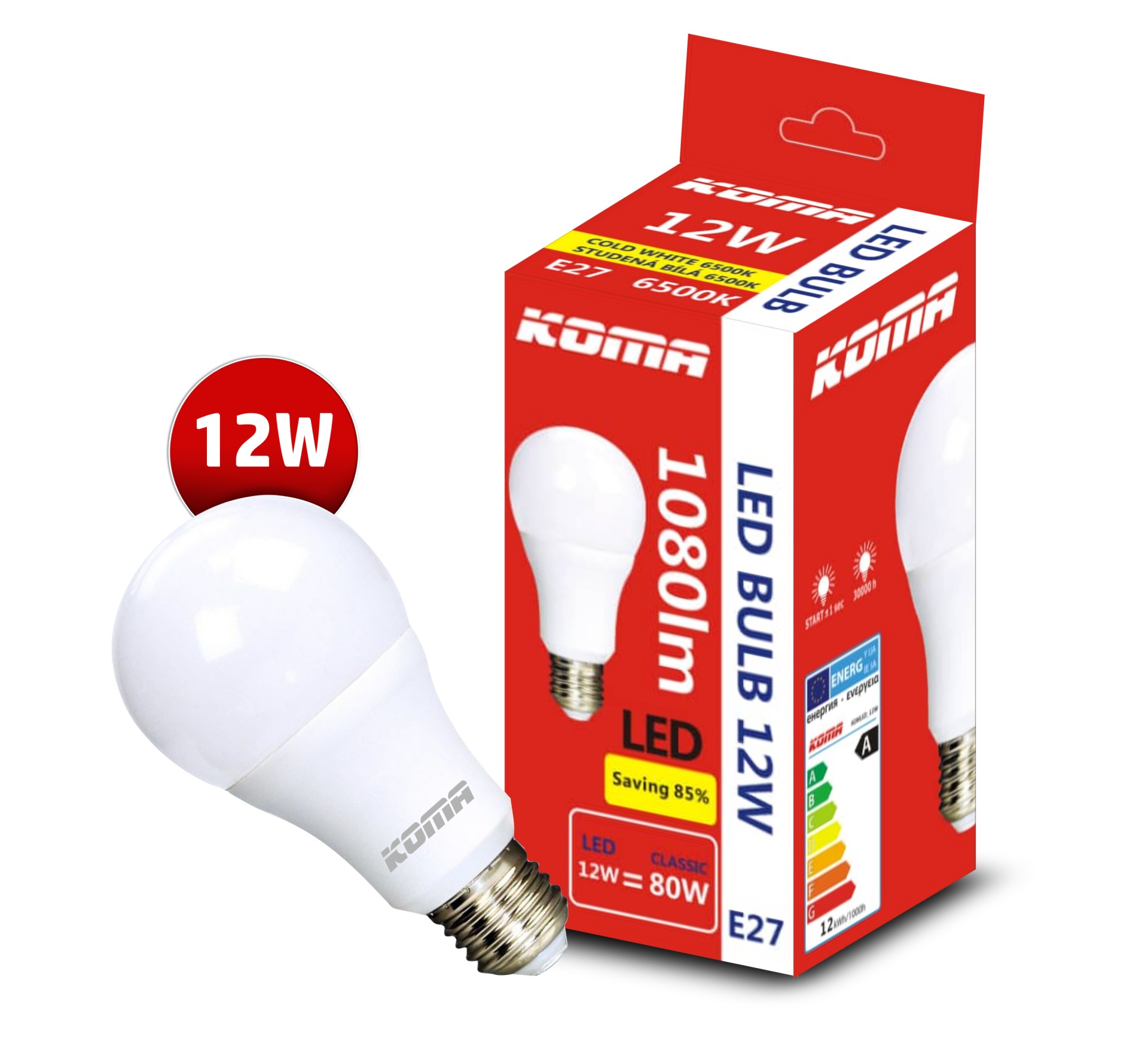 LED izzó KOMA E27 12W, 230V, 1080lm, 20000h, 6500K hideg fehér