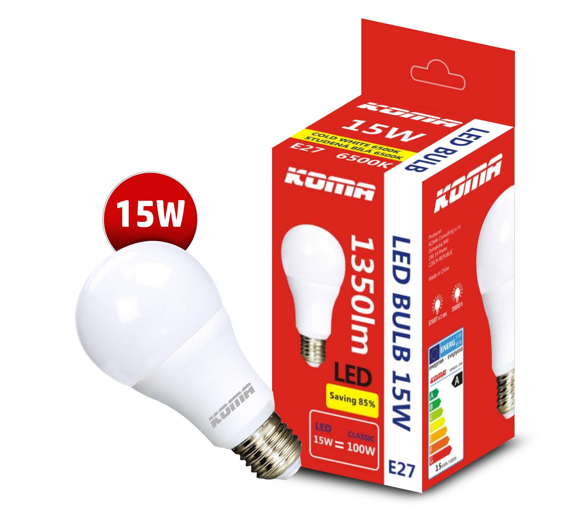 LED izzó KOMA E27 15W, 230V, 1350lm, 20000h, 6500K hideg fehér