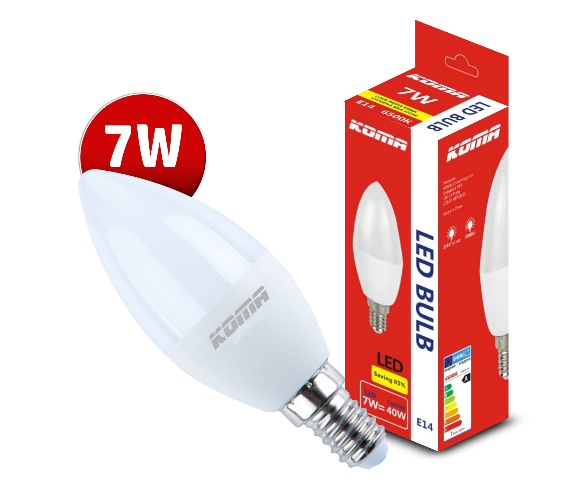 LED izzó KOMA E14 7W, gyertya, 230V, 560lm, 30000h, 6500K hideg fehér