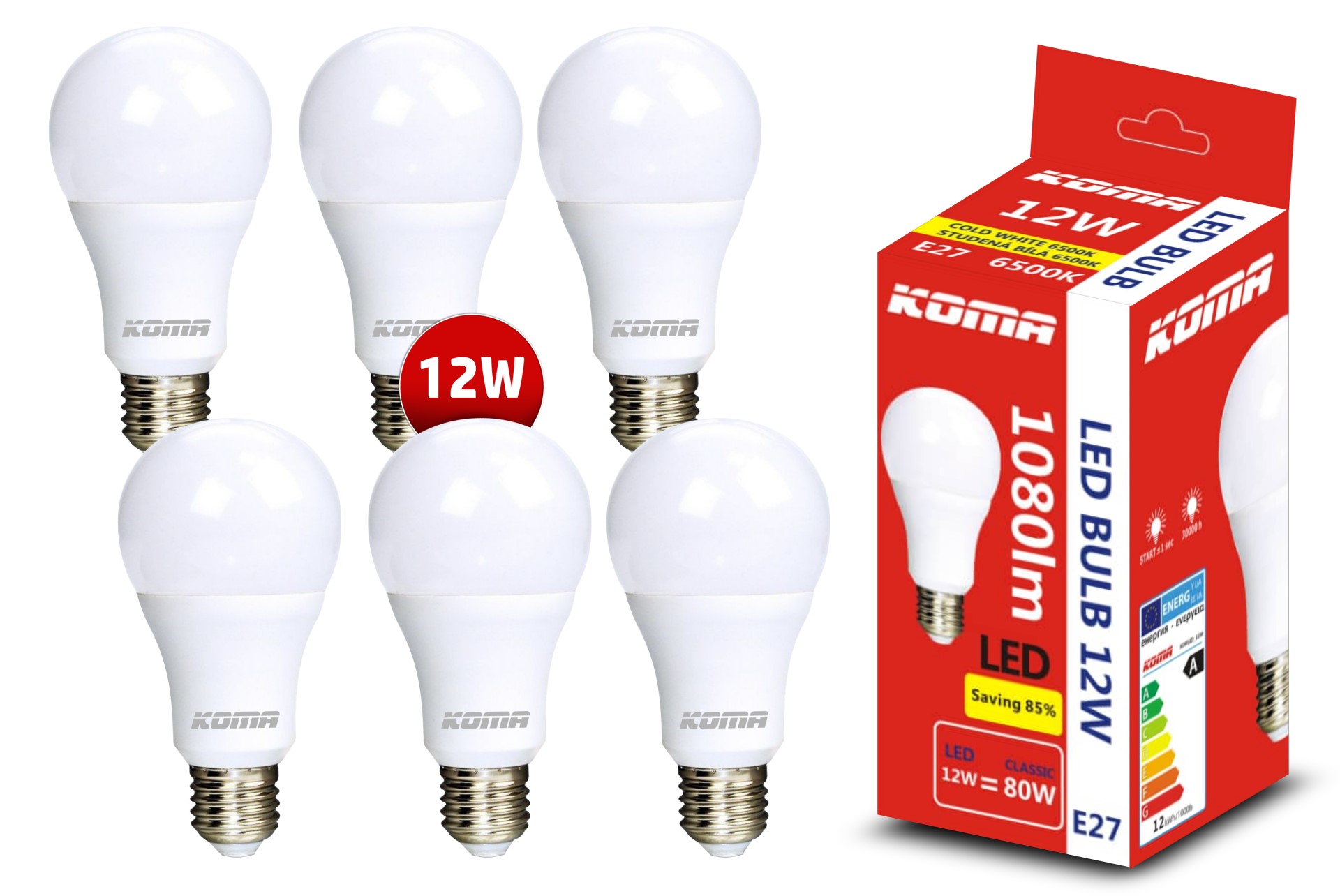 6 db LED-es izzókészlet KOMA E27 12W, 230V, 1080lm, 20000h, 6500K hideg fehér