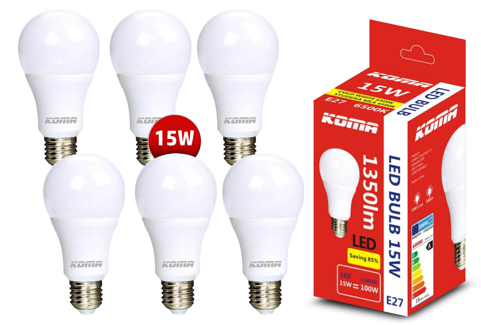6 db LED-es izzókészlet KOMA E27 15W, 230V, 1350lm, 20000h, 6500K hideg fehér