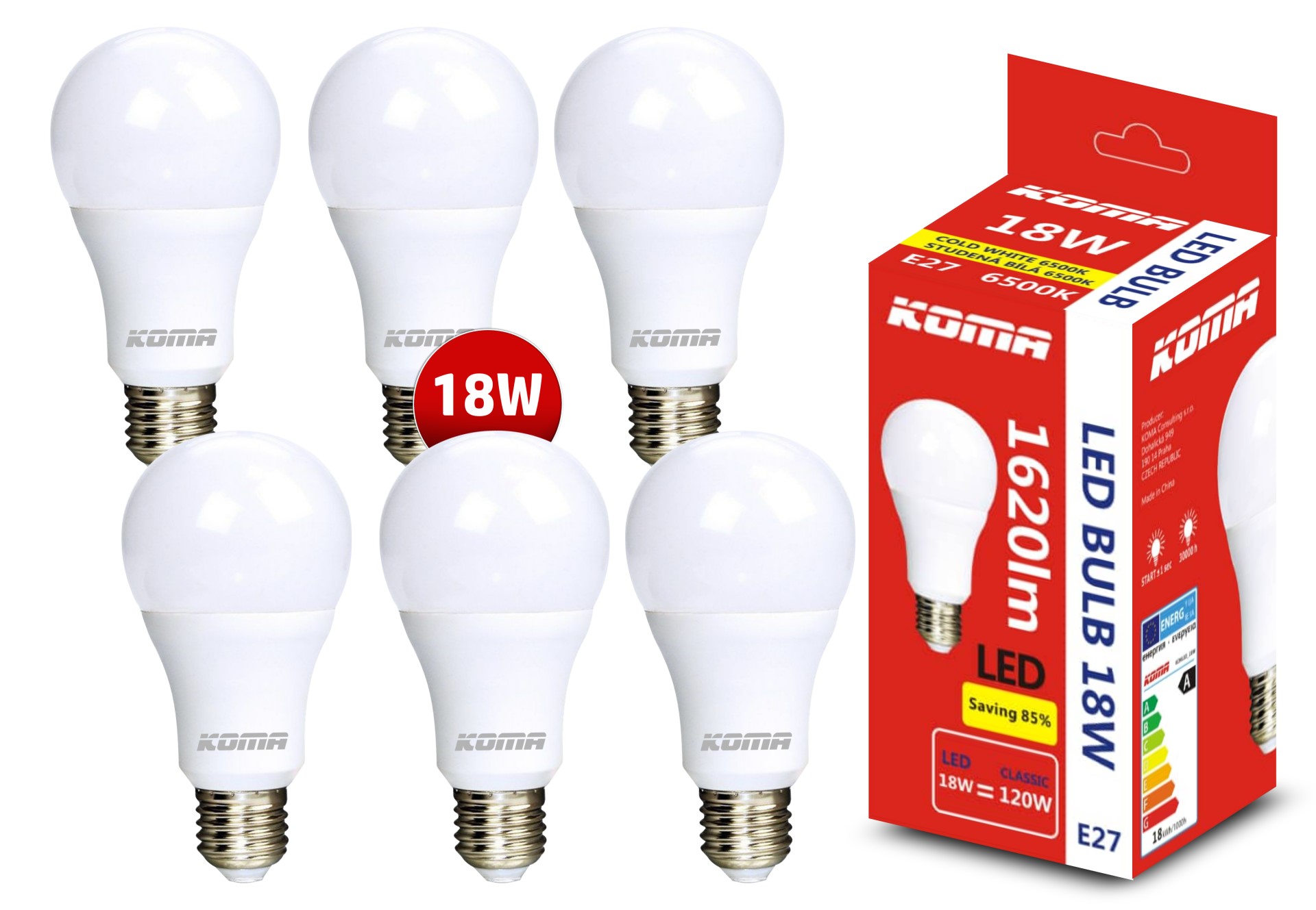 6 db LED-es izzókészlet KOMA E27 18W, 230V, 1620lm, 20000h, 6500K hideg fehér