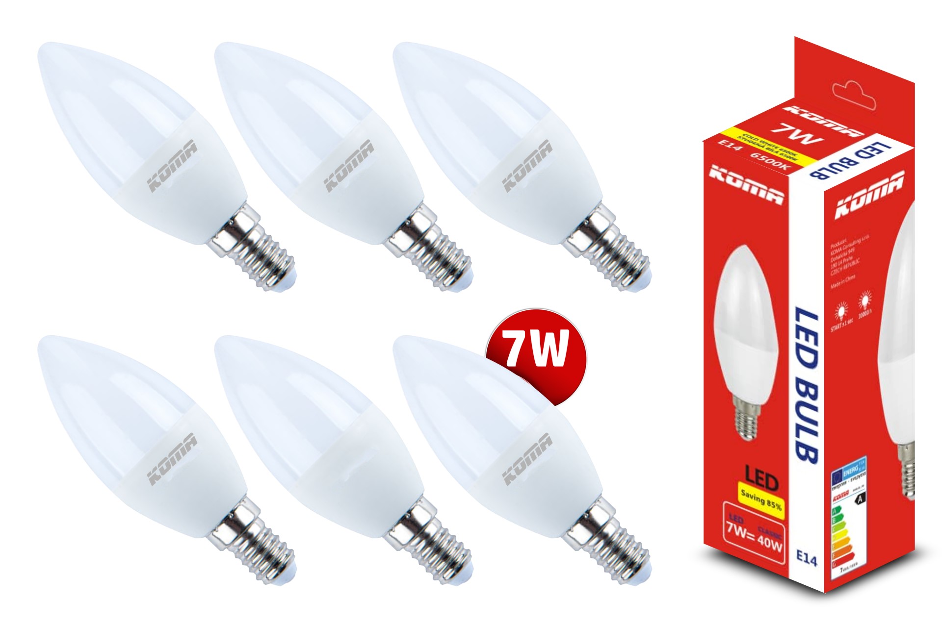 6 db LED-es izzókészlet KOMA E14 7W, gyertya, 230V, 560lm, 30000h, 6500K hideg fehér